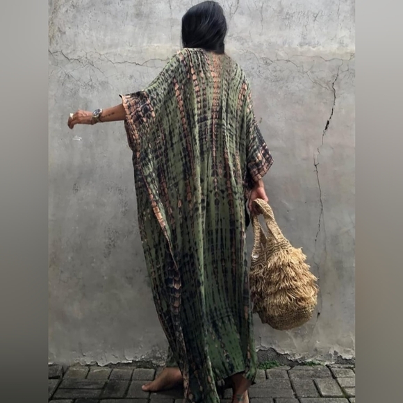 Gray Blue Tie Dye Hippie Kaftan Long Flowy Maxi Dress Loose Boho V Neck Caftan - Picture 8 of 9